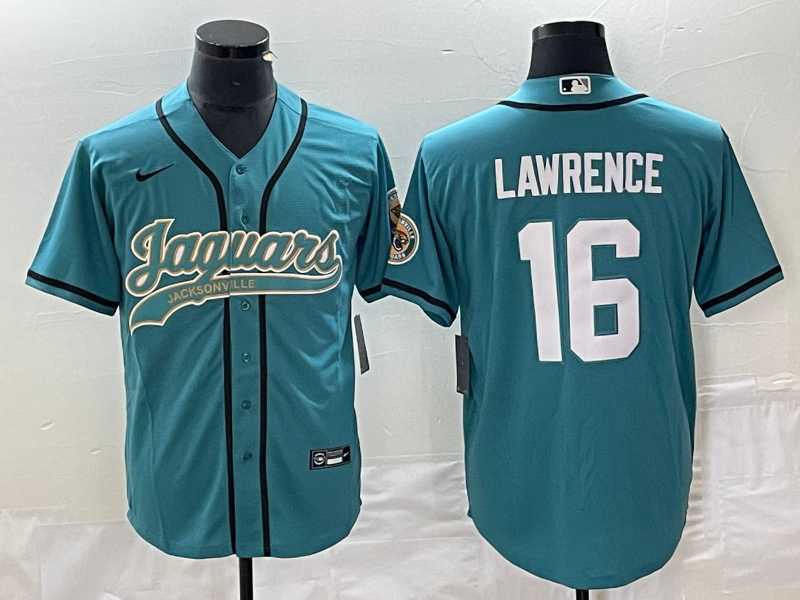 Men%27s Jacksonville Jaguars #16 Trevor Lawrence Teal With Patch Cool Base Stitched Baseball Jersey